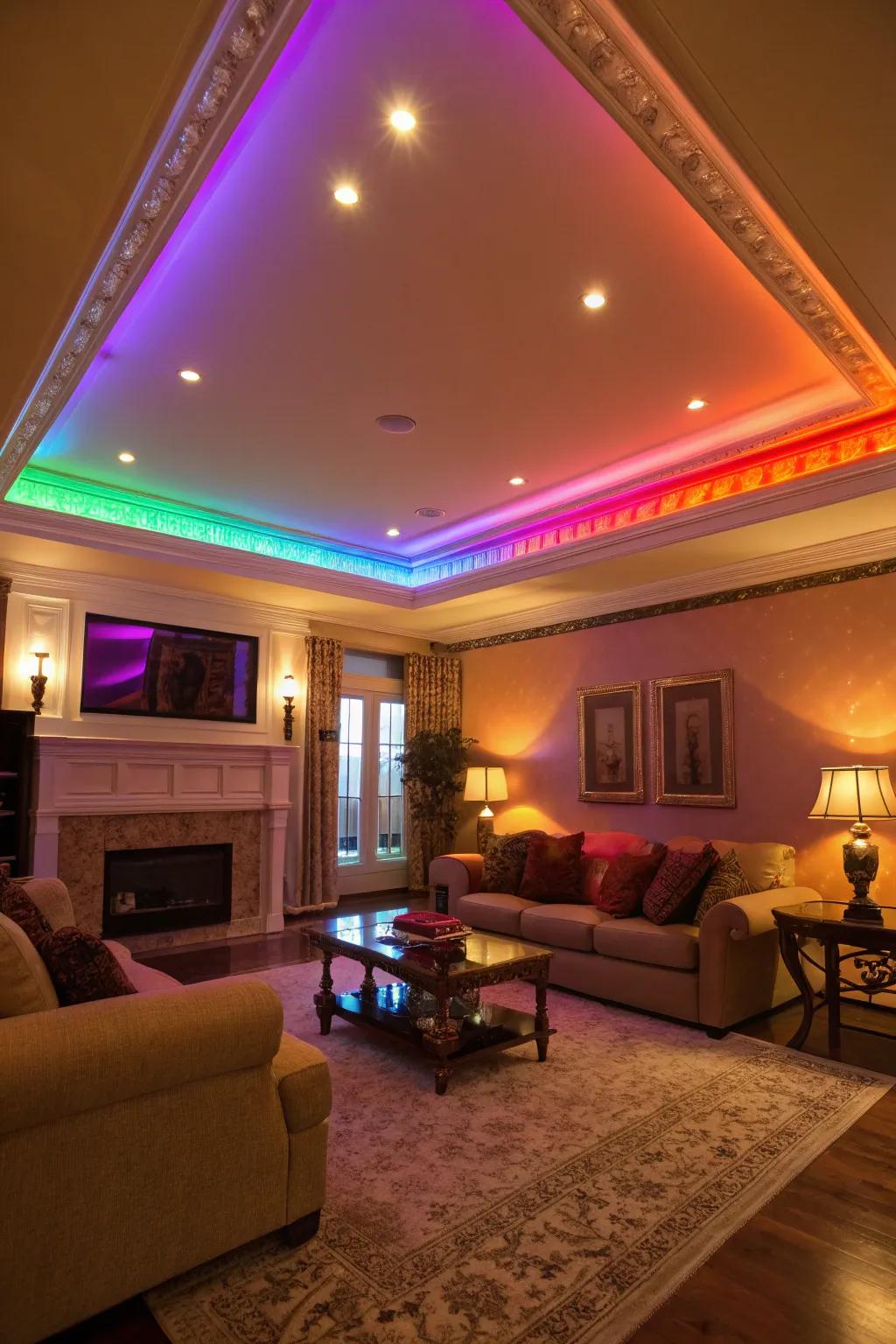 A vibrant living room with dynamic color-changing lights in the tray ceiling.