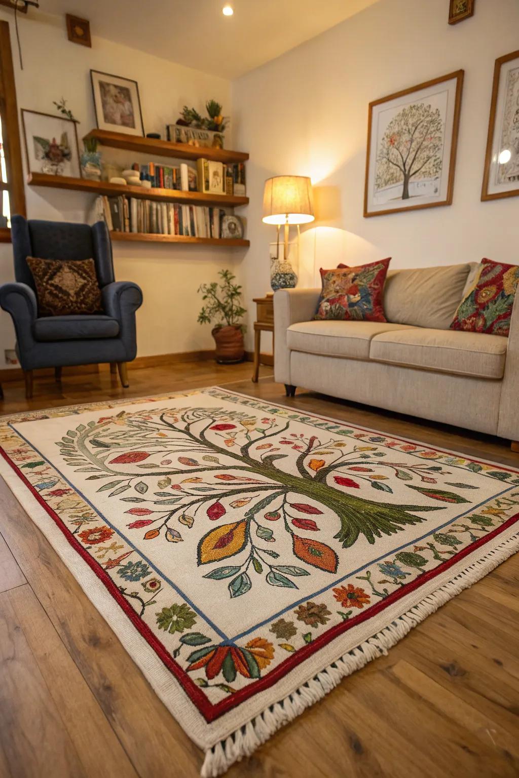 Tree of Life rug adds warmth and design to a cozy living room.