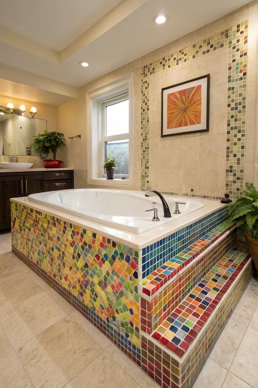 A tub deck transformed into an artistic masterpiece with mosaic tiles.