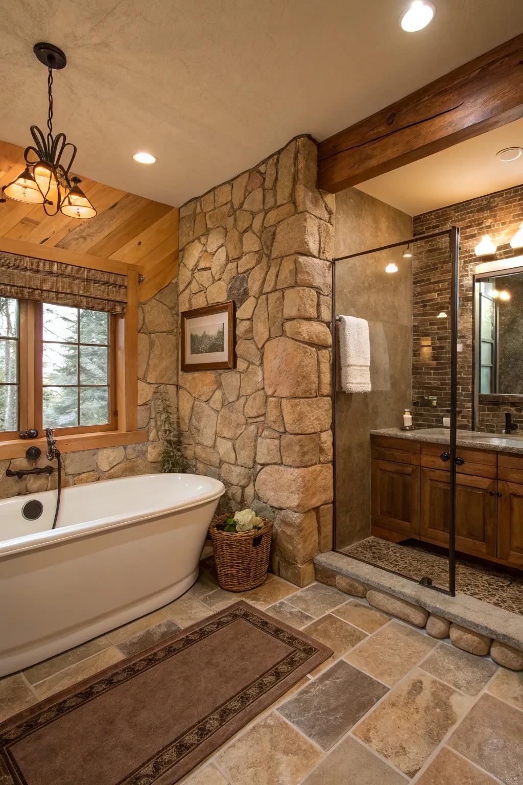 Rustic stone elements bring earthy charm to a modern tub-in-shower setup.