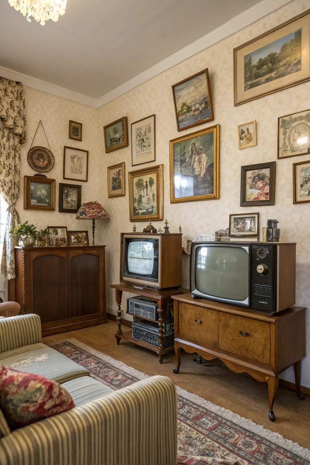 Vintage flair adds charm to this TV gallery wall.