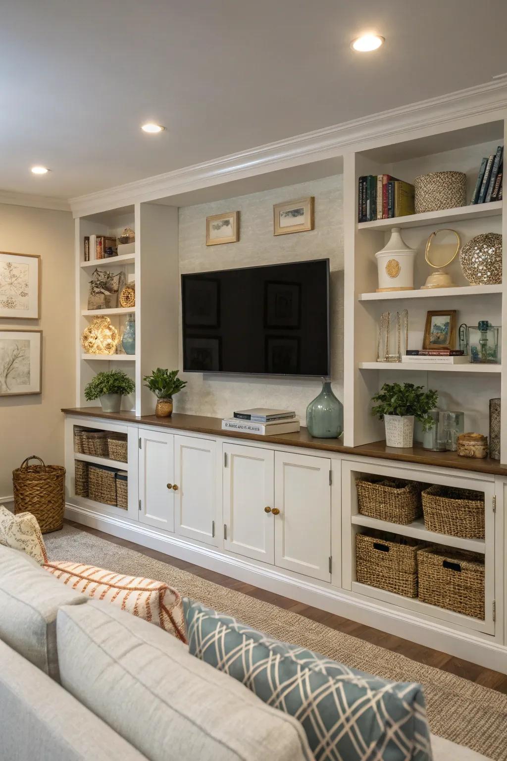 Open shelving integrates your TV into the room's design.