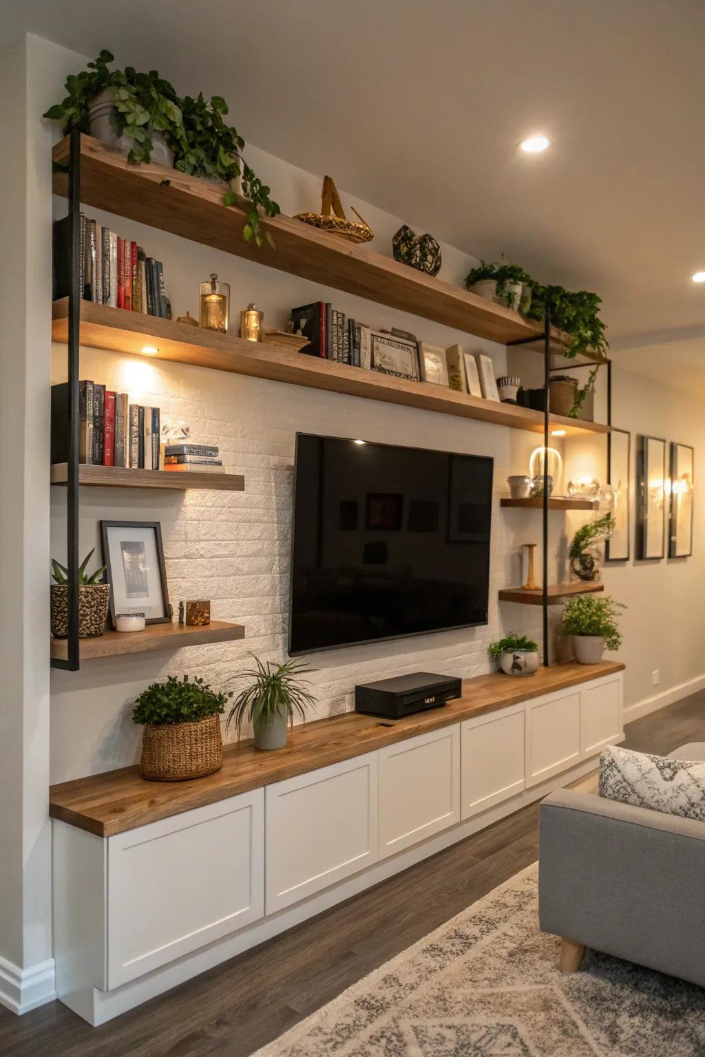 Floating shelves provide a modern framework for your TV.