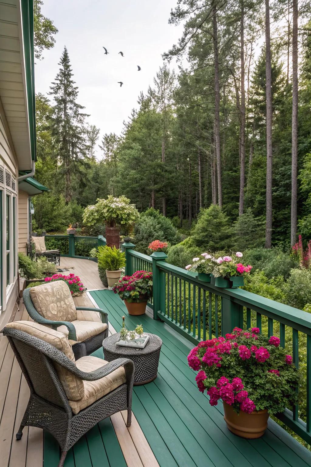 Emerald and taupe bring a lush and sophisticated touch to your deck.