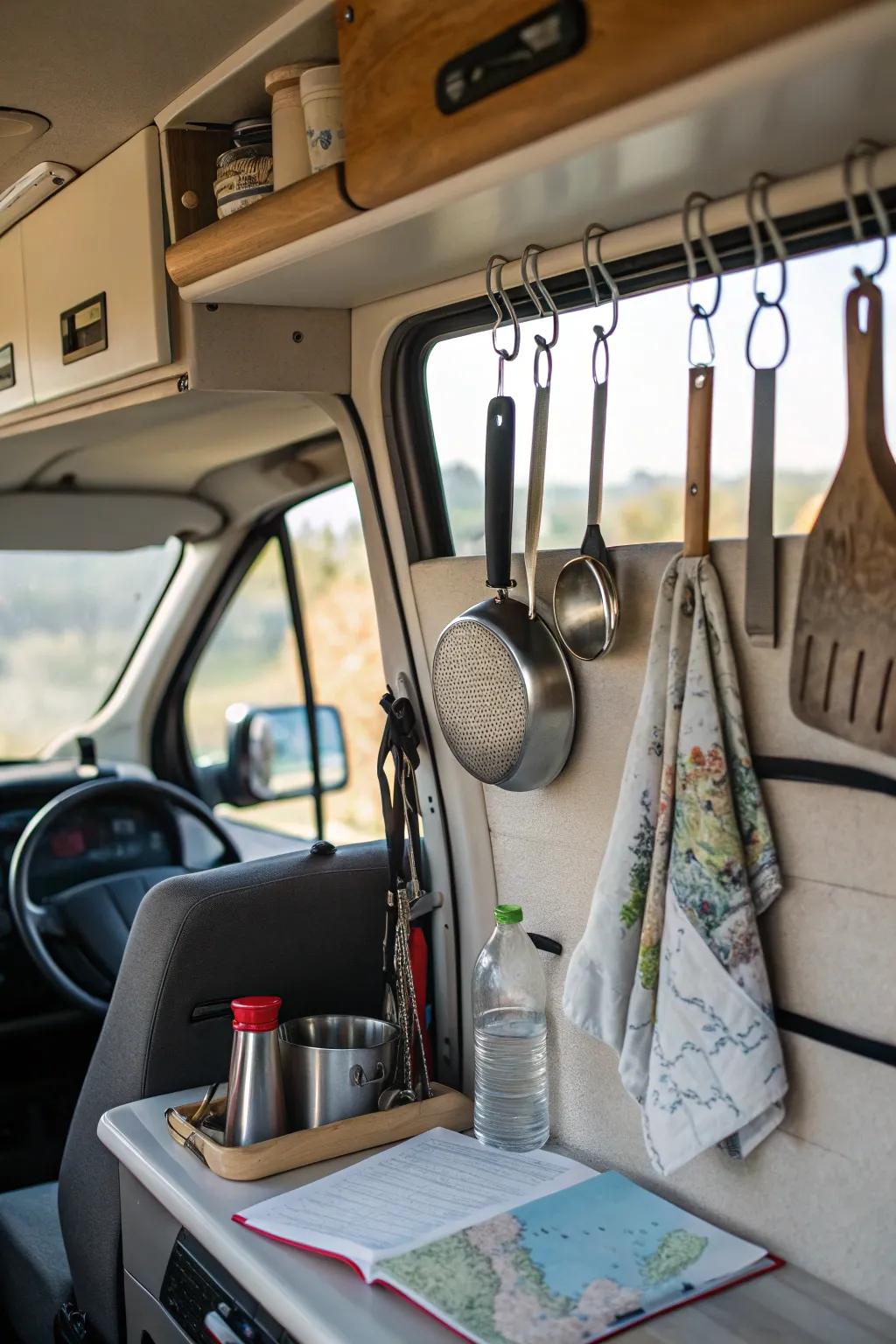 Hooks are a clever solution for keeping your van tidy and organized.