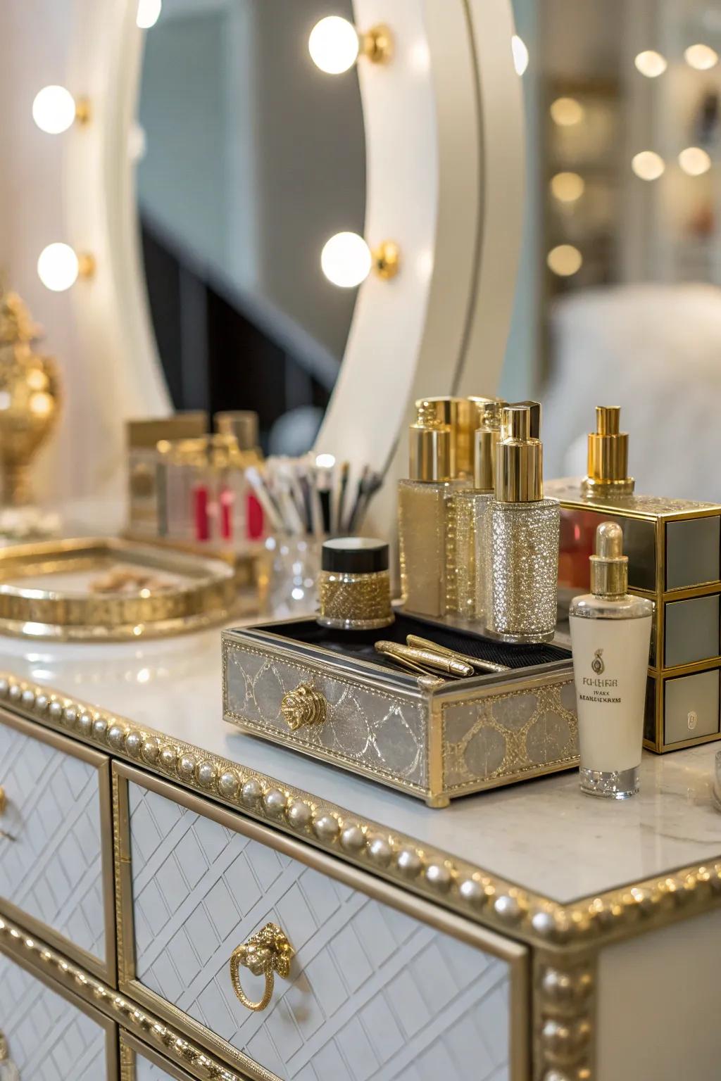 Metallic accents bring glamour to your vanity.