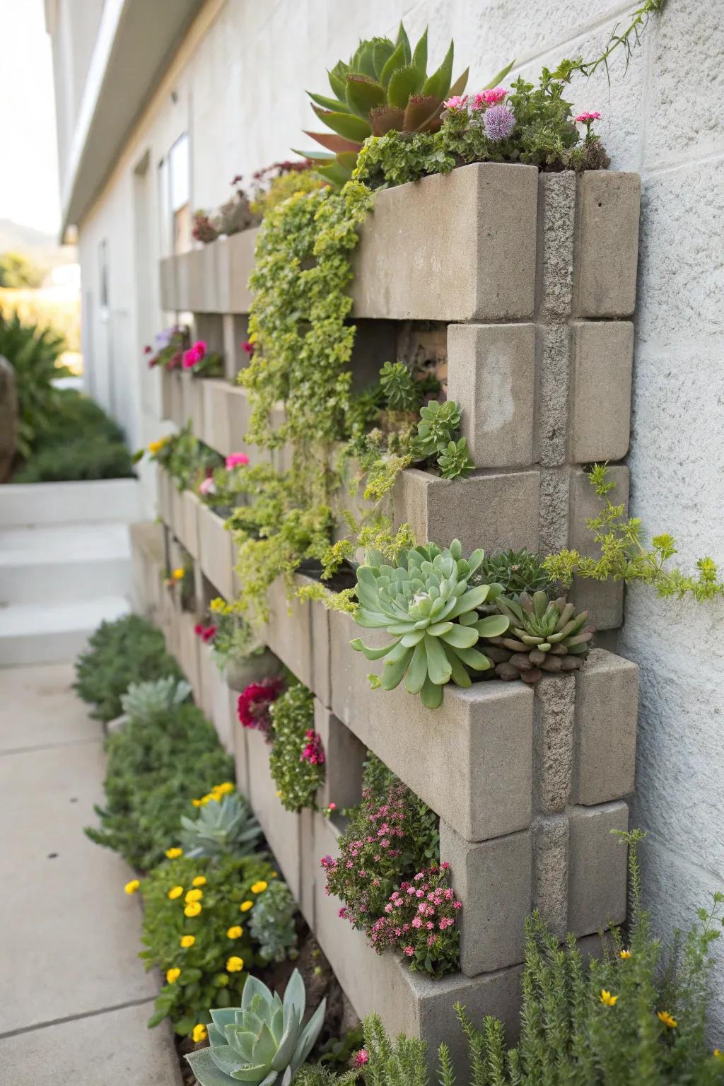 A modern vertical garden using cinder blocks for succulents.