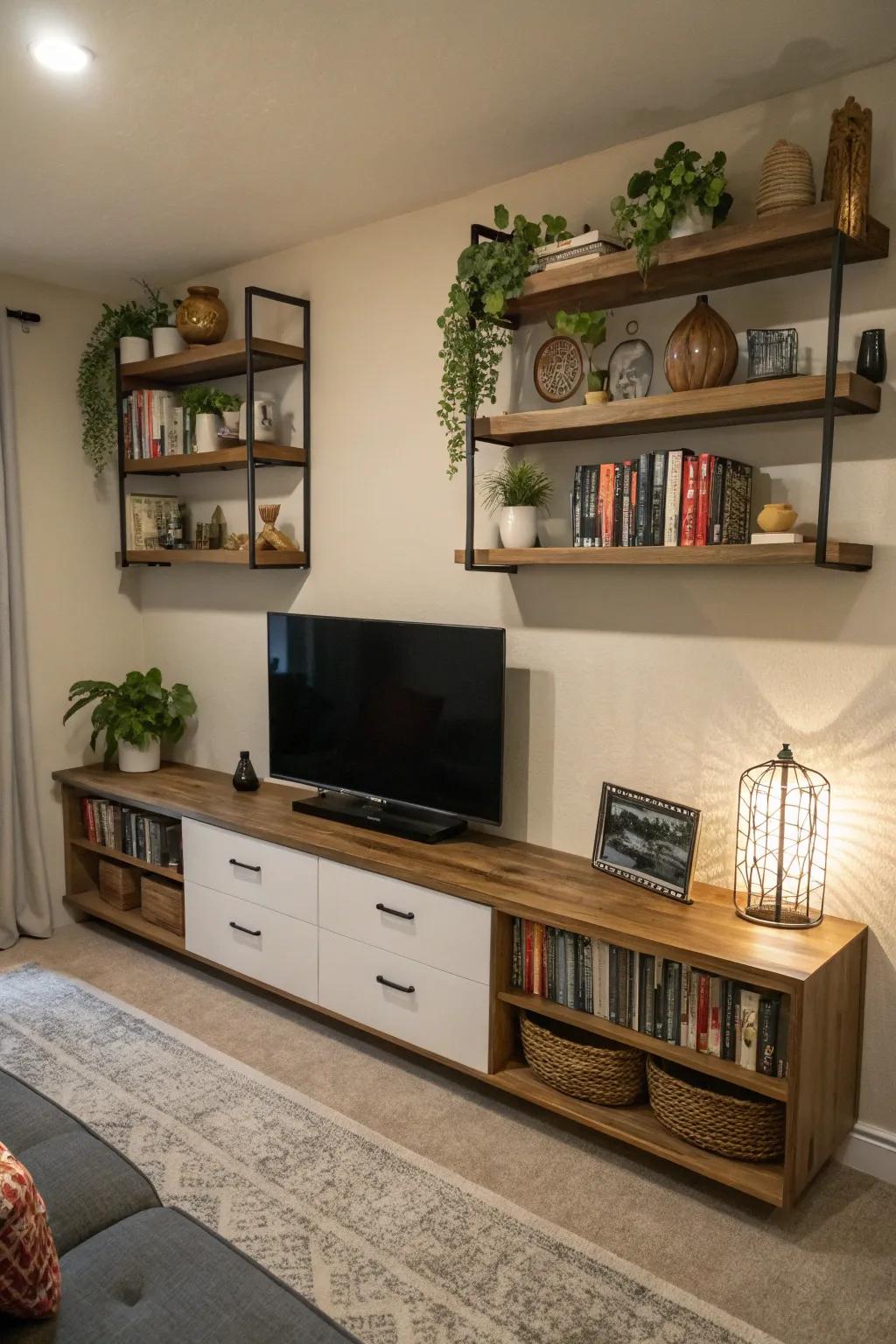 Floating shelves offer storage and maintain an airy feel