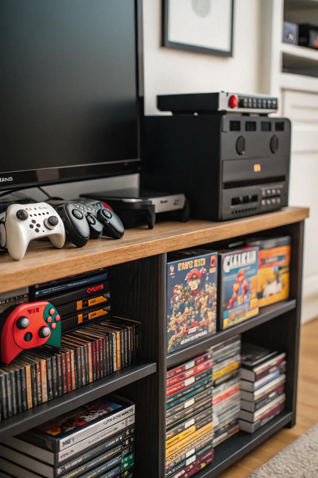 A multi-purpose TV stand serving as both entertainment center and game storage.