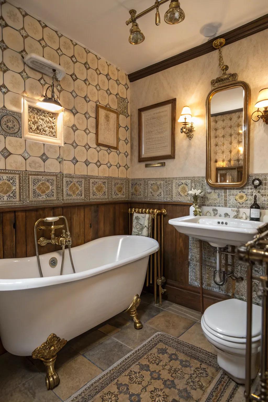 Mixed metals create a layered and interesting vintage bathroom design.