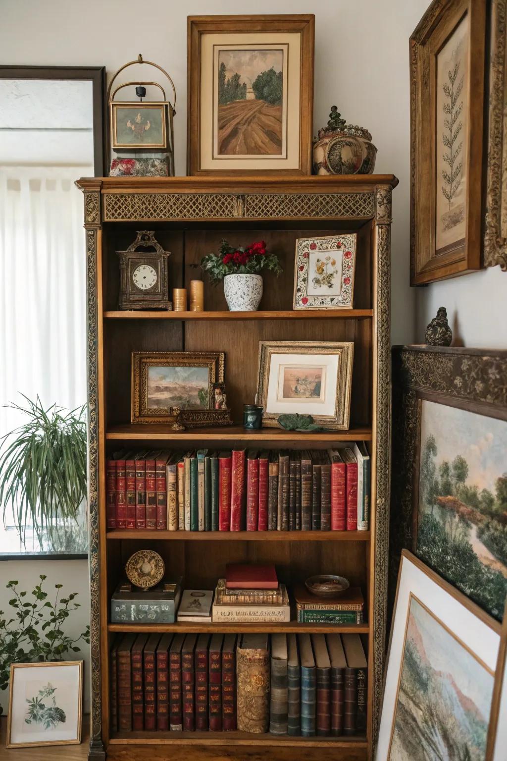 Layering art on shelves adds depth and interest.