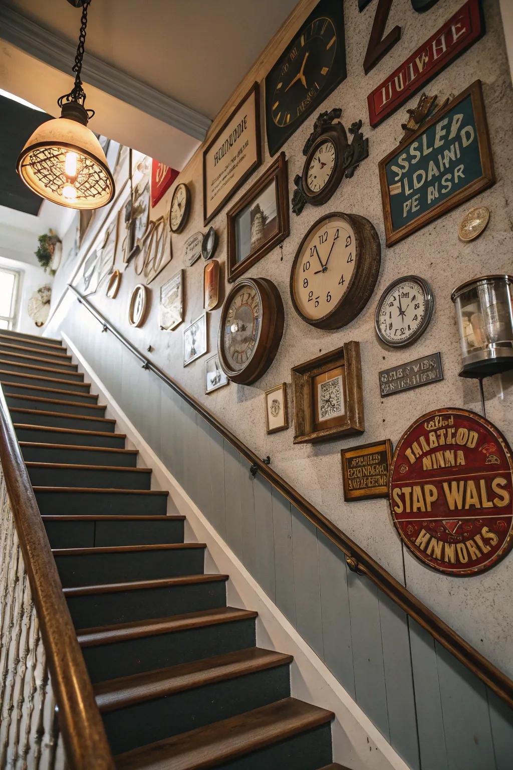 Vintage finds can bring character and nostalgia to your staircase wall.