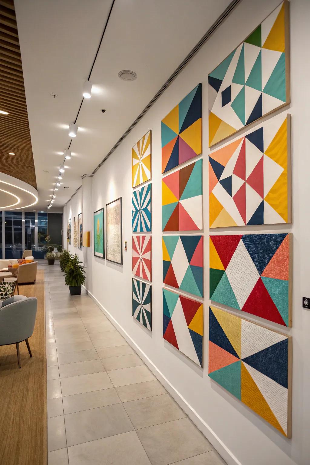 Bold geometric patterns creating a modern art display.