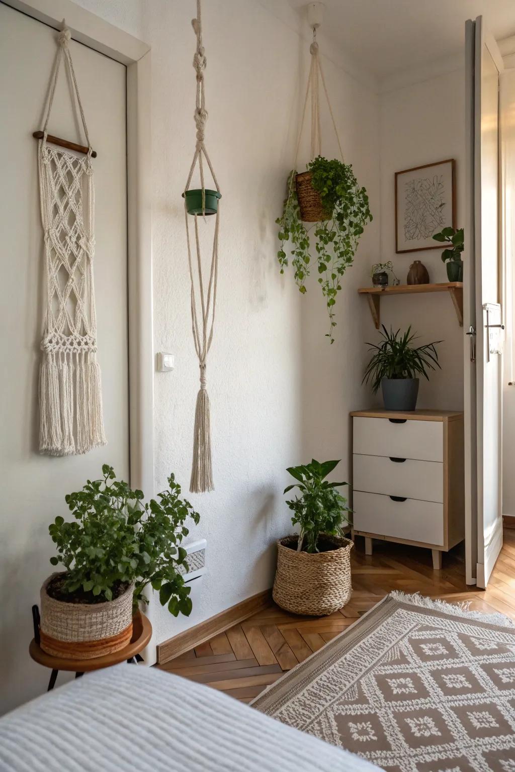 Macrame plant hangers are perfect for small spaces.