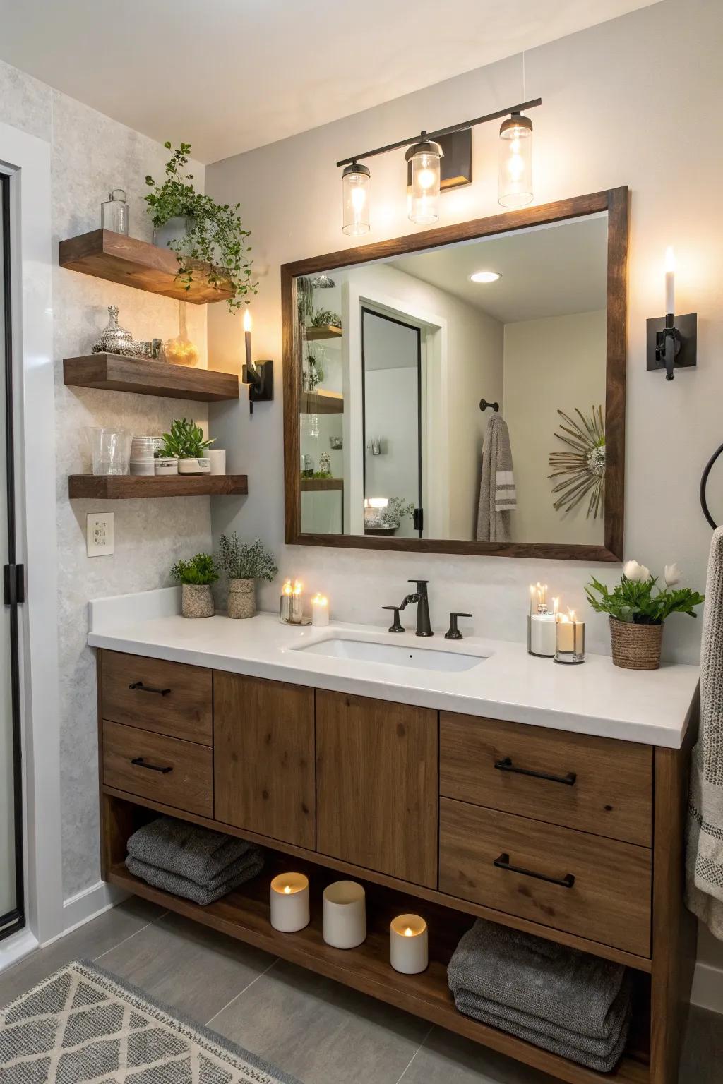 Enhance functionality and style with floating shelves in your bathroom.