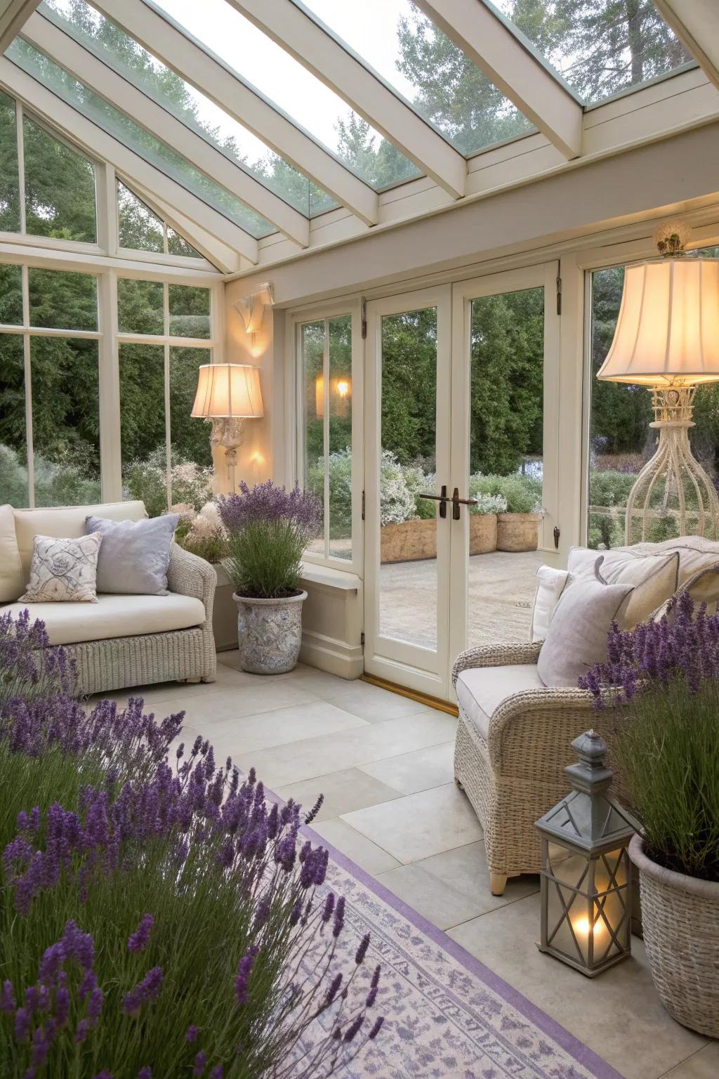 Sunroom with lavender walls, exuding serenity and elegance.