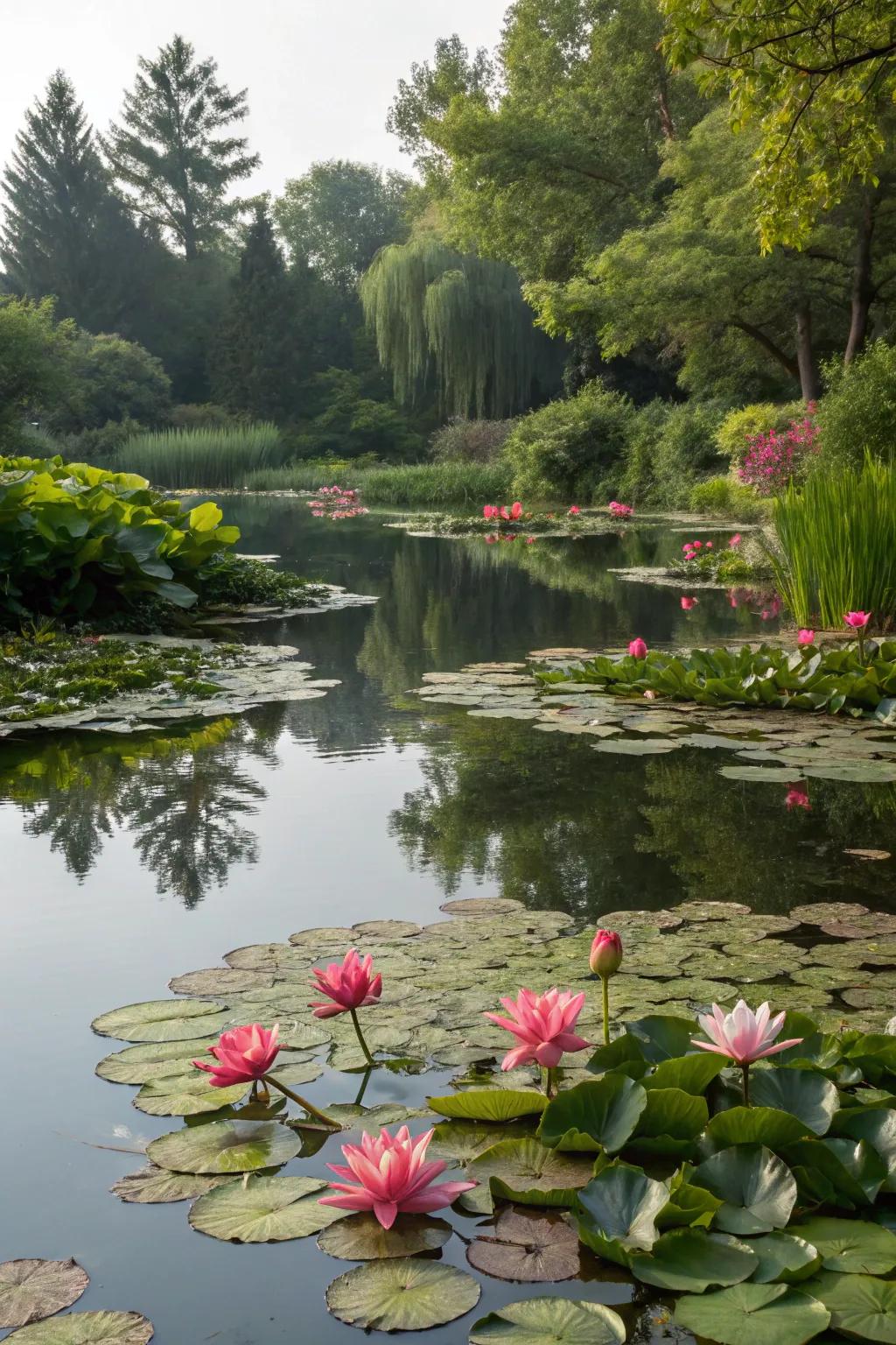 Aquatic plants add texture and color, enhancing the elegance of ponds.