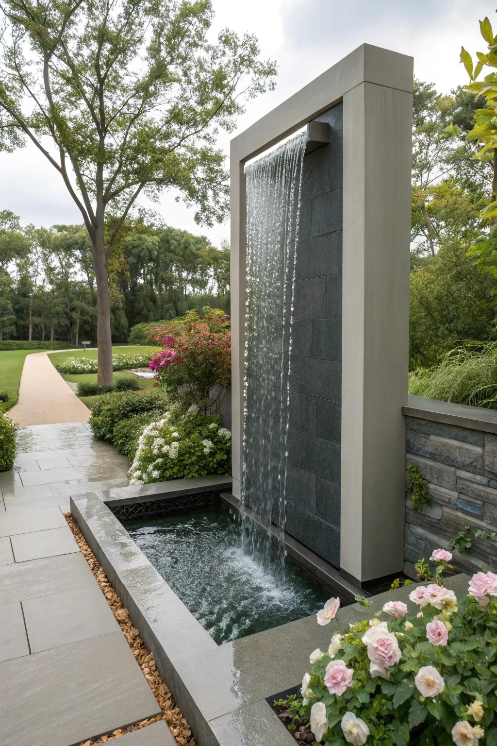 A vertical water wall adds drama and modernity.