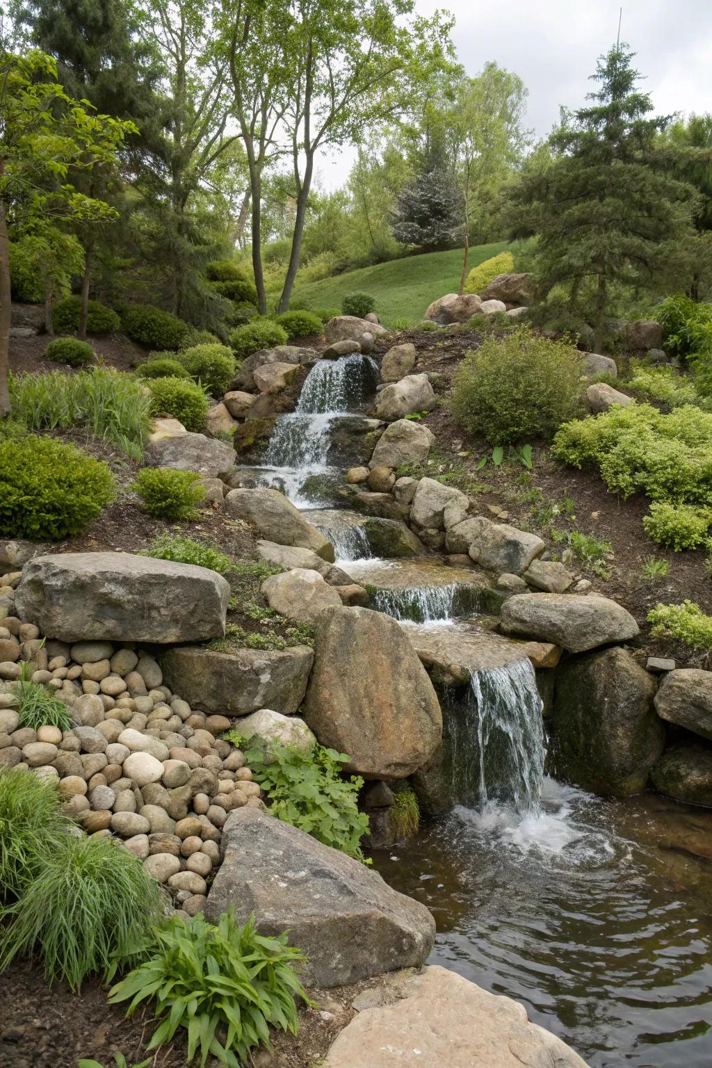 A beautiful stone waterfall cascading down a natural slope in a garden.