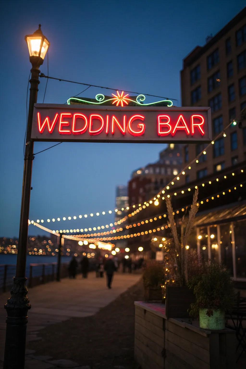 A vibrant neon light bar sign glowing at night.