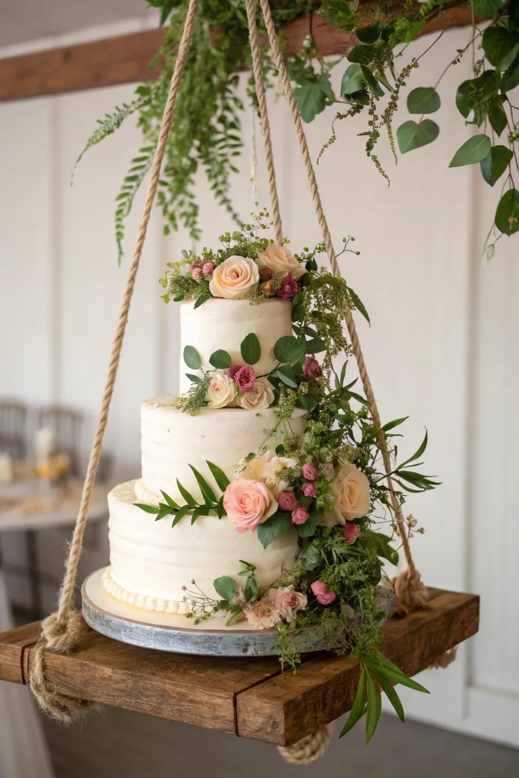 A suspended wedding cake for a dramatic and eye-catching display.