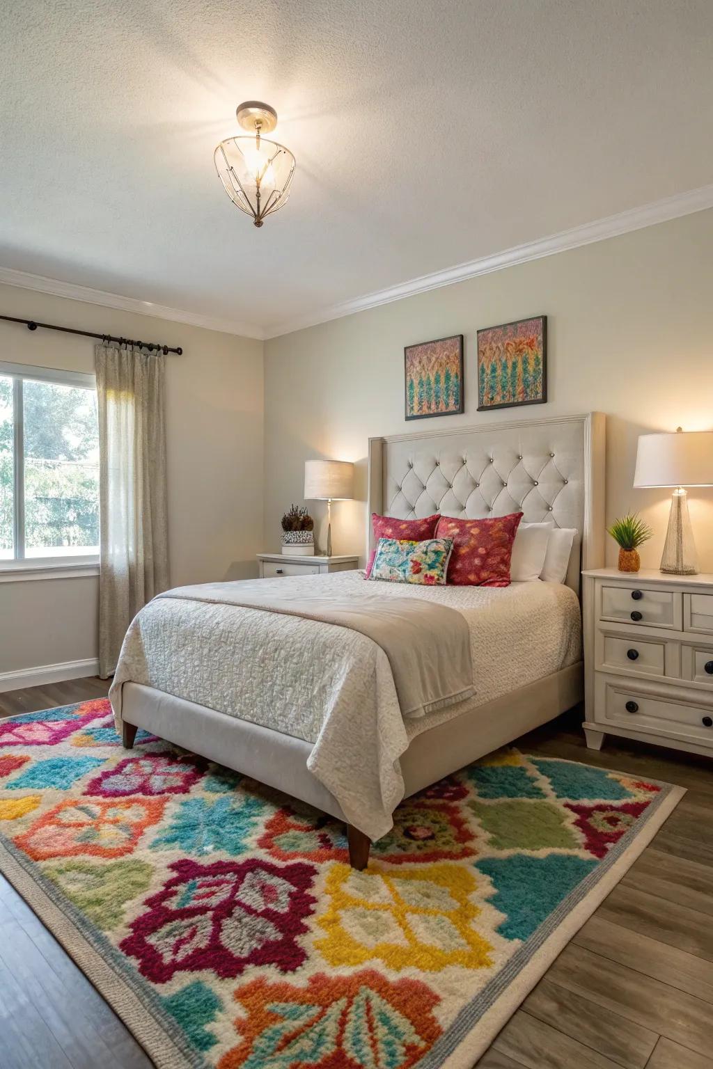 A pop of color in the rug energizes and enlivens a neutral bedroom setting.