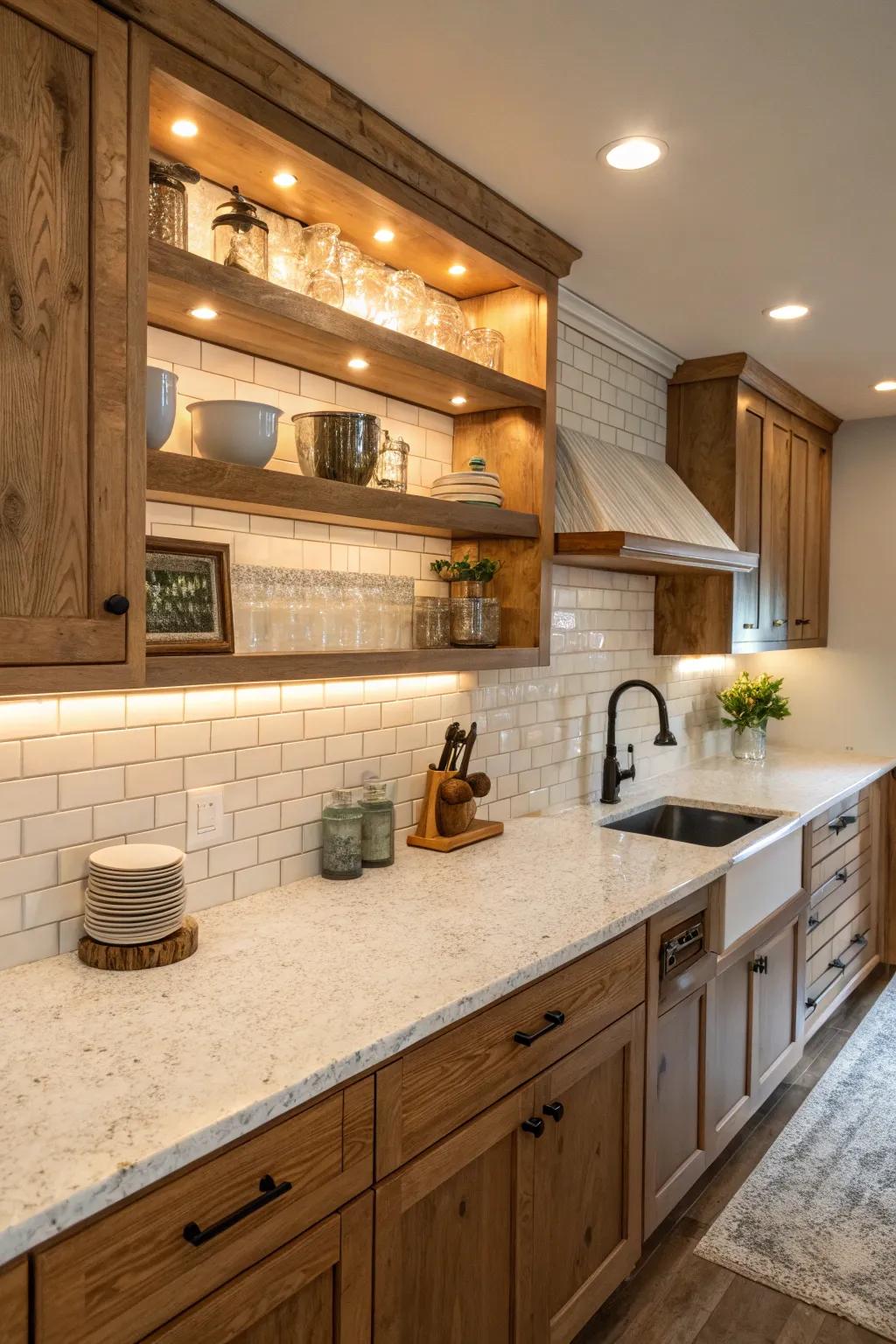 Wooden elements add warmth to the sleekness of white ice granite.