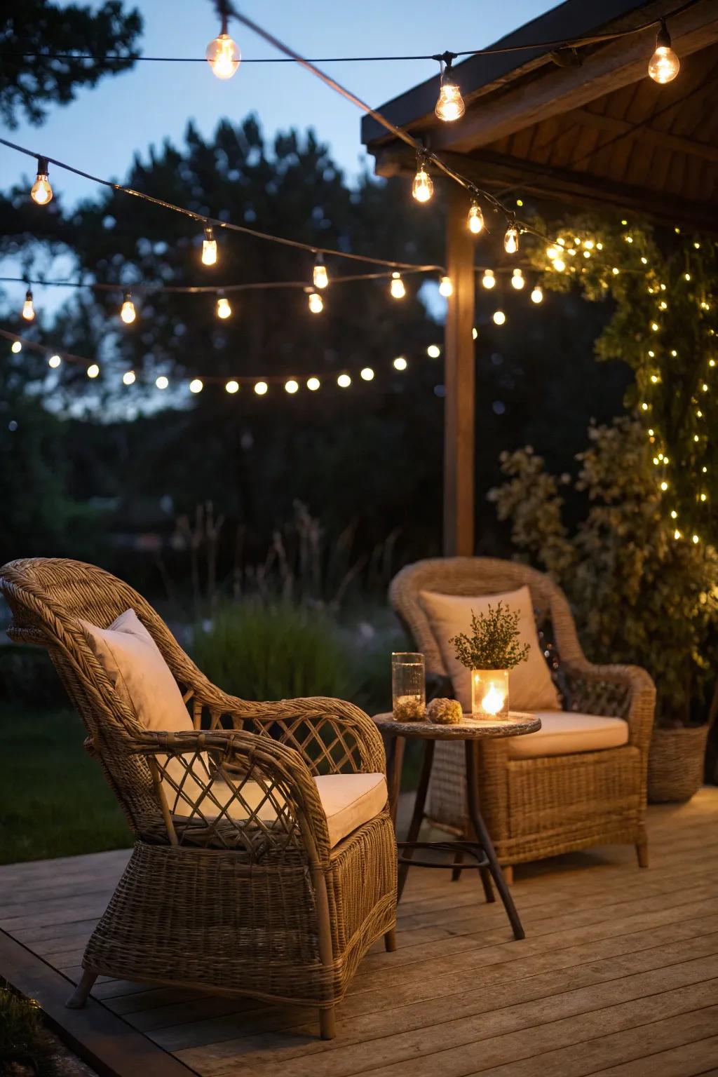 Enchanting evening atmosphere with string lights.