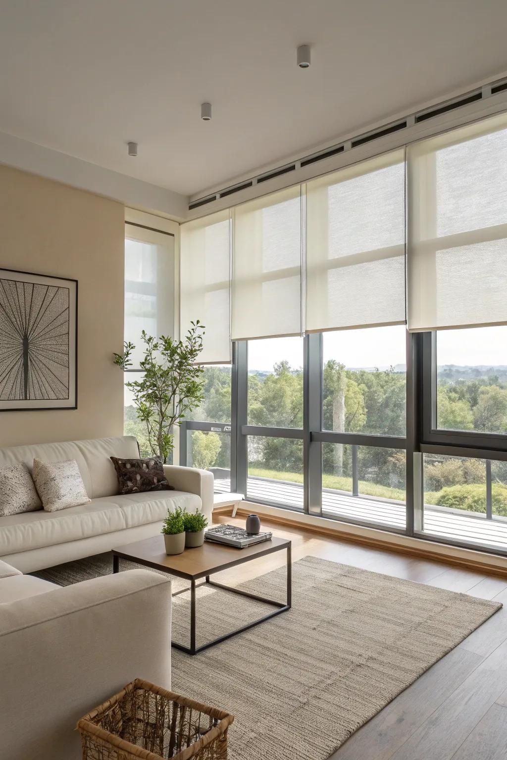 Roller shades offer a sleek, minimalist appeal.