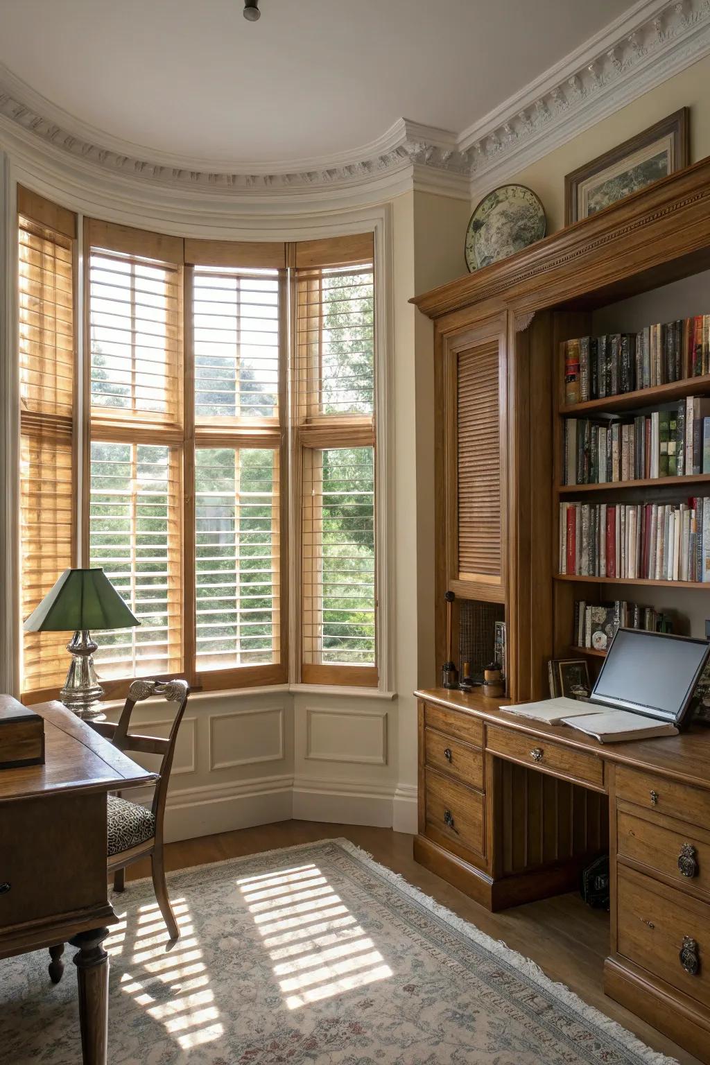 Customized shutter blinds provide timeless elegance.