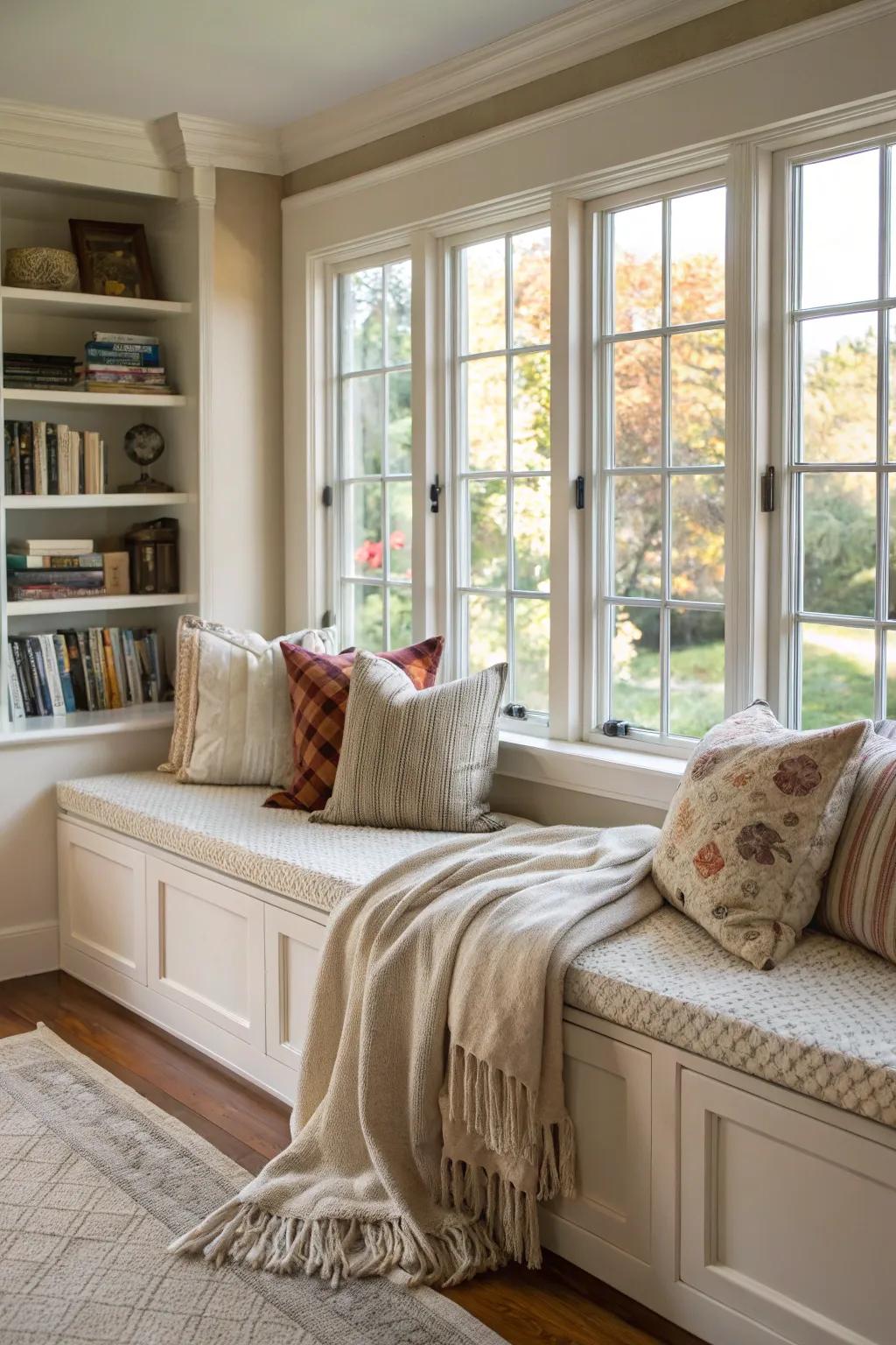 Window seats with cushions create a cozy nook beneath casement windows.