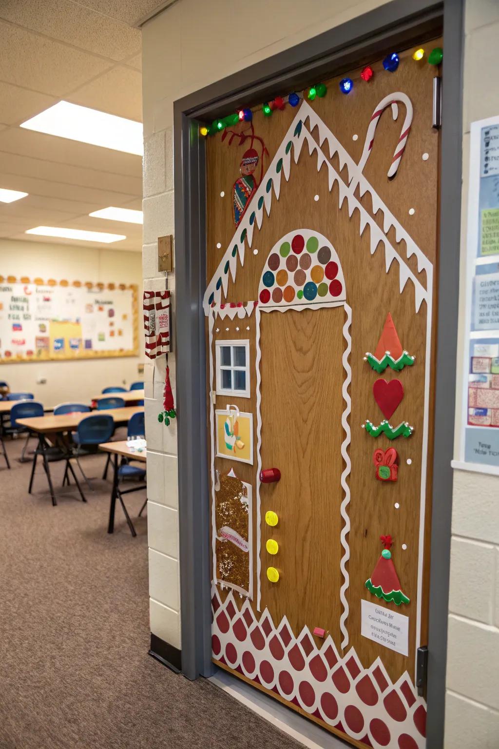 A sweet and festive gingerbread house door.