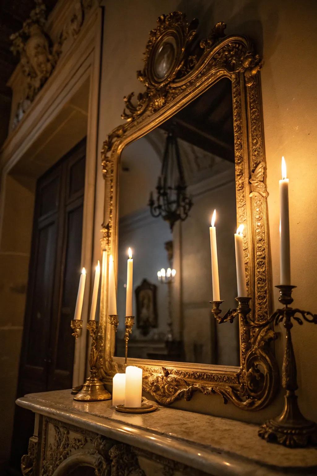 Antique mirrors add mystery and expand the space.
