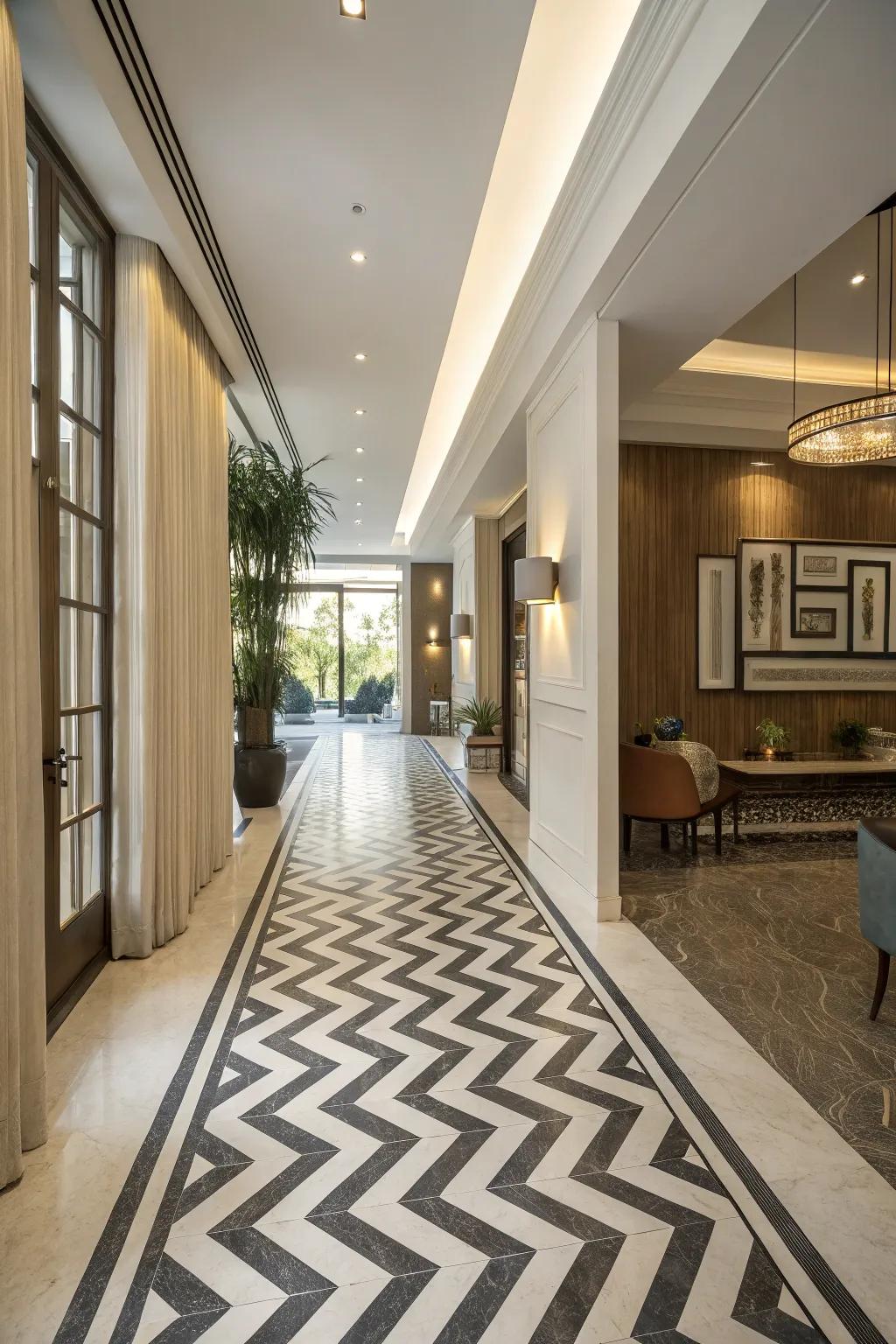 Chevron patterns guide the eye and add elegance to floor transitions.