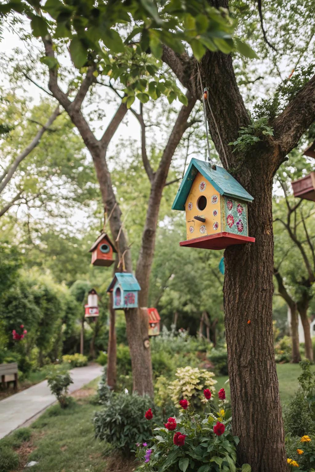 Bring life to your garden with colorful wooden birdhouses.