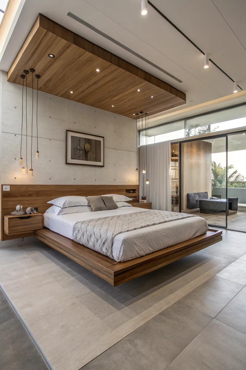 A floating wooden bed creates a modern and airy feel.