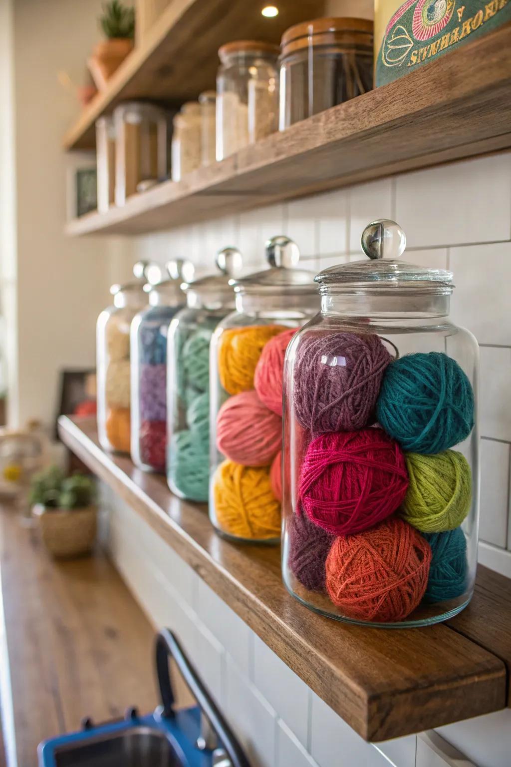 Glass jars create a delightful and protective yarn display.