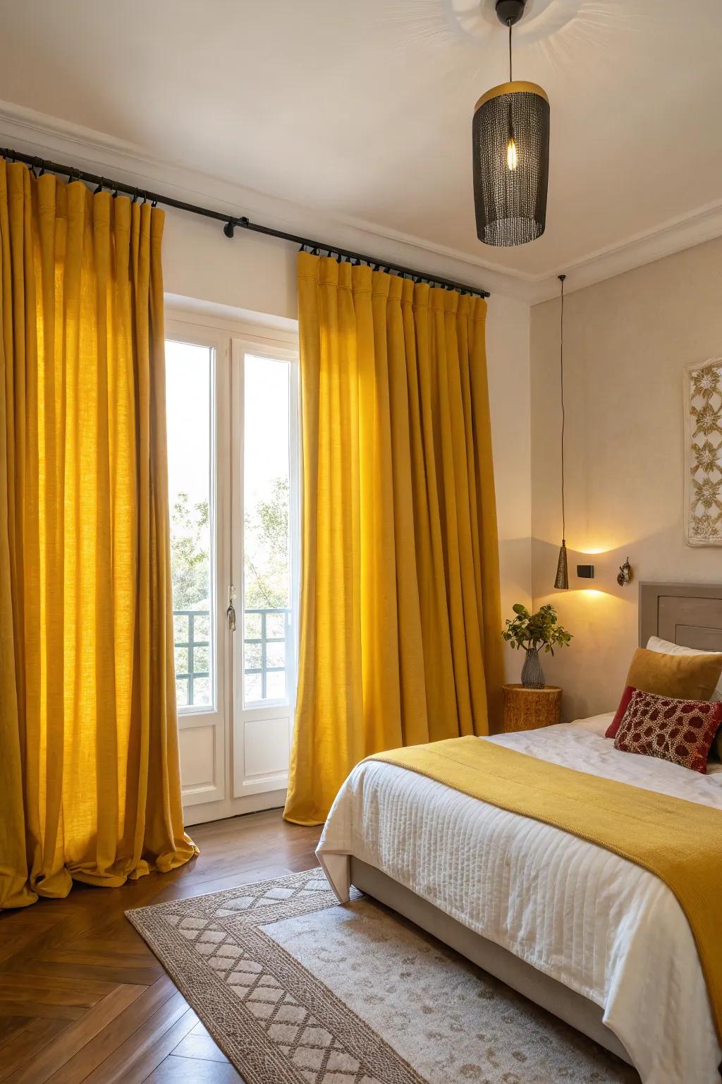 Intense yellow curtains serve as a bold centerpiece in a vibrant bedroom.