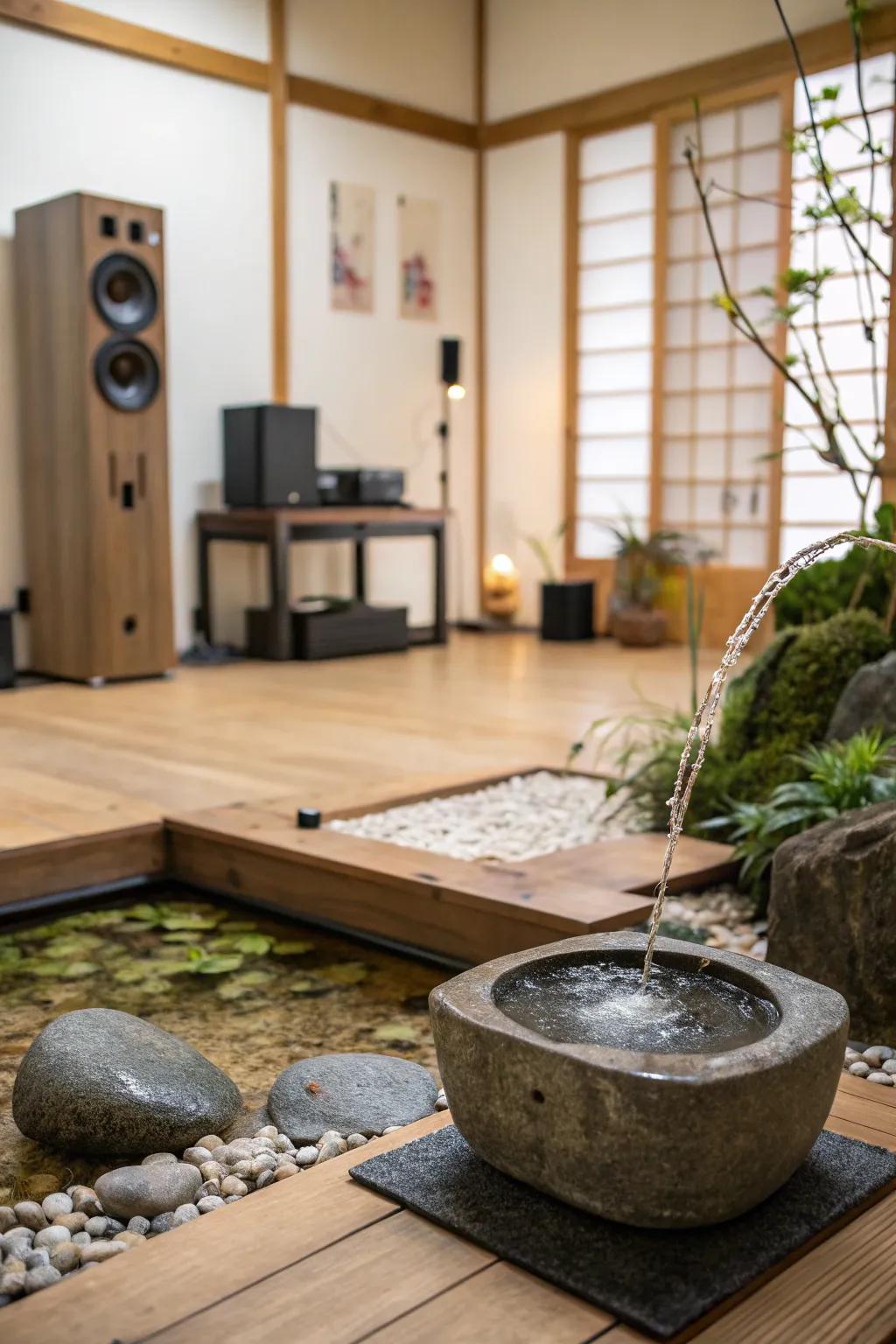 Soothing soundscapes enhance the room's tranquility.