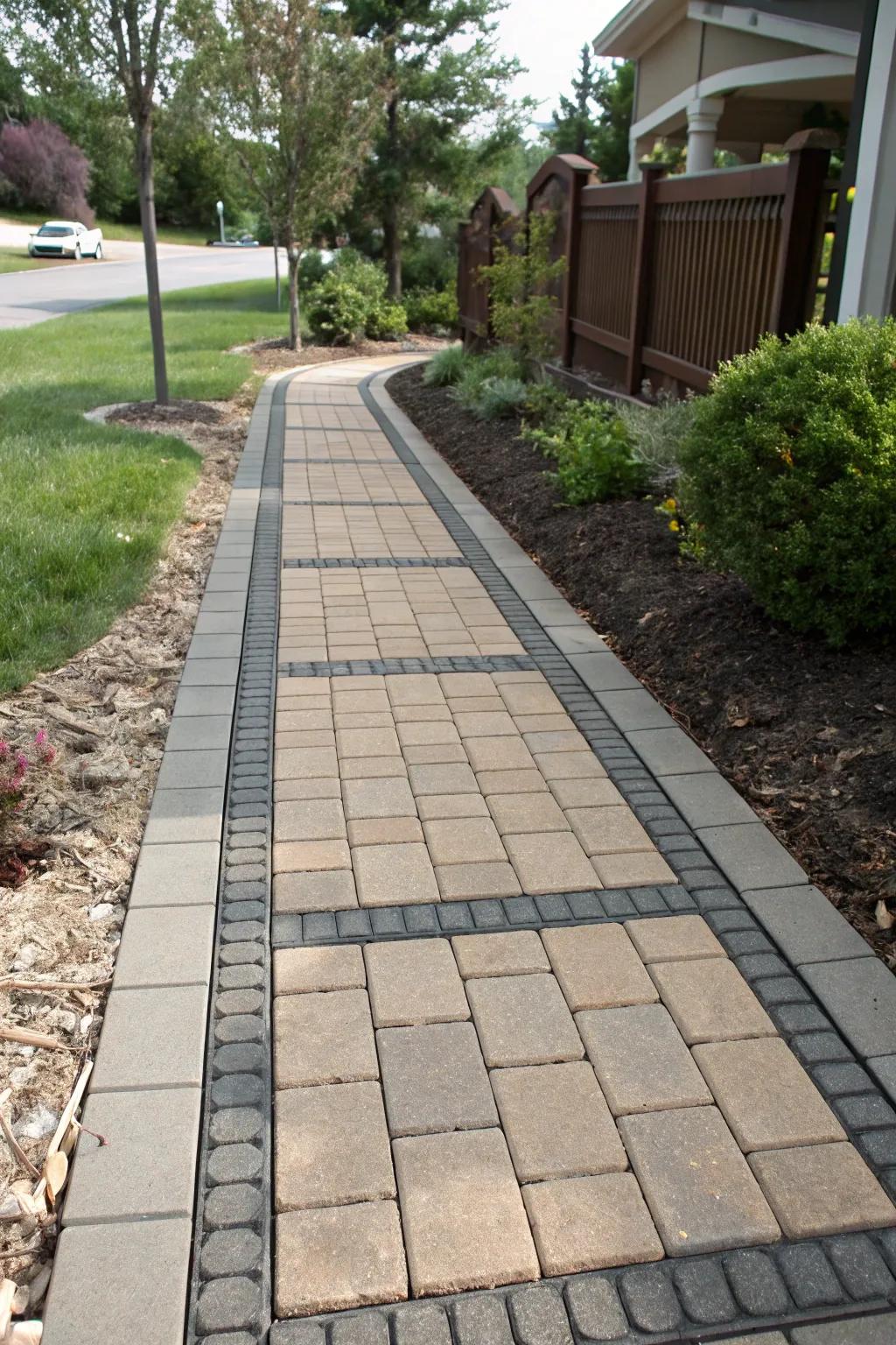 A refined look with bordered paver patterns.