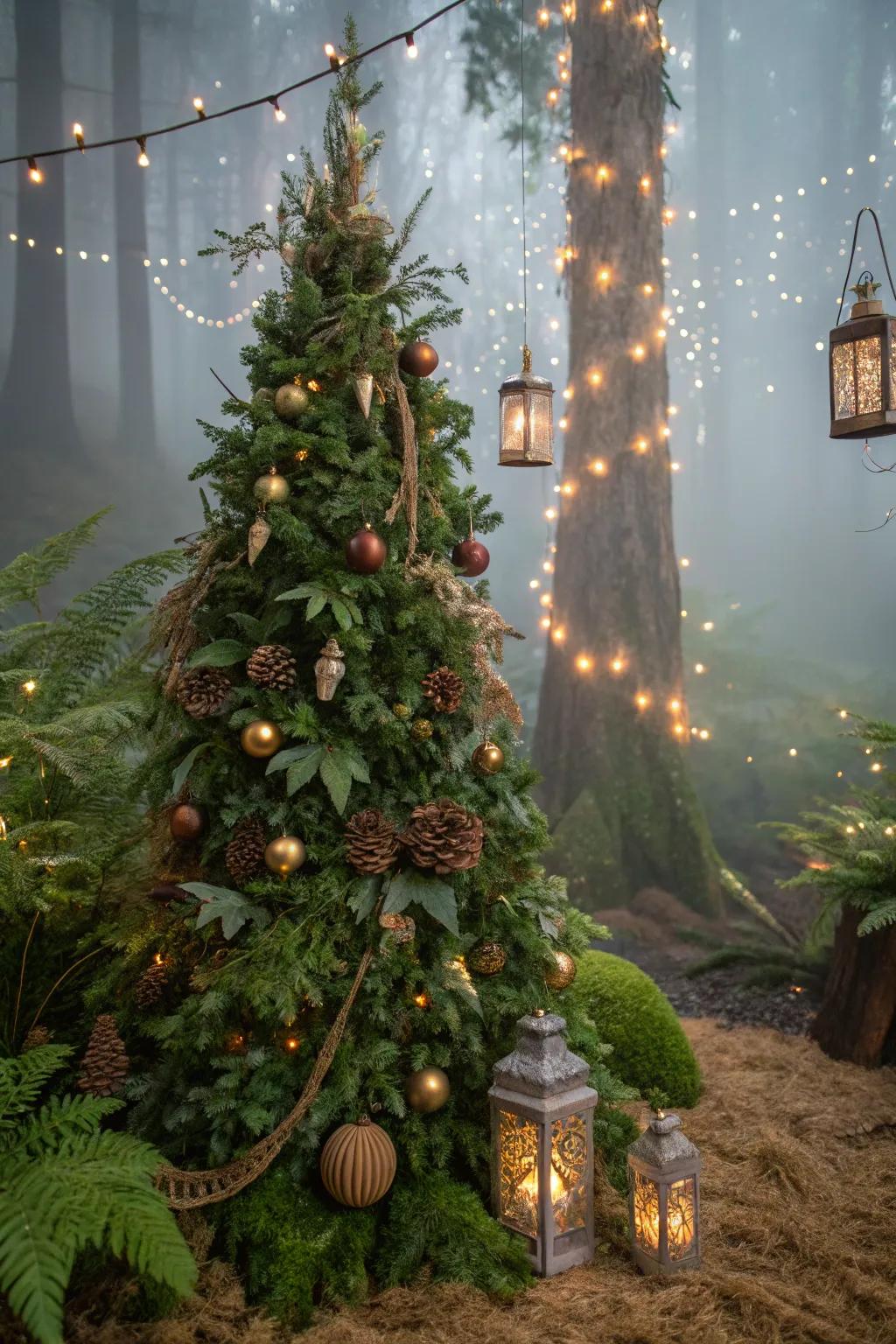 An enchanted forest-themed Christmas tree with magical woodland elements.