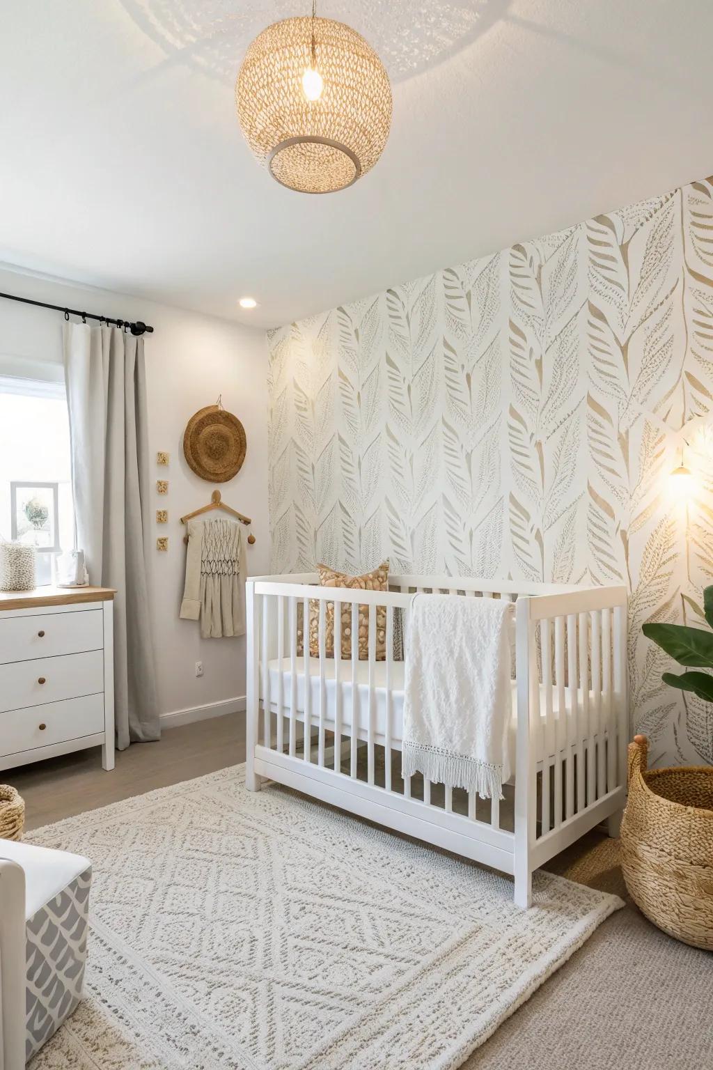 A statement wall adds depth to a white nursery.