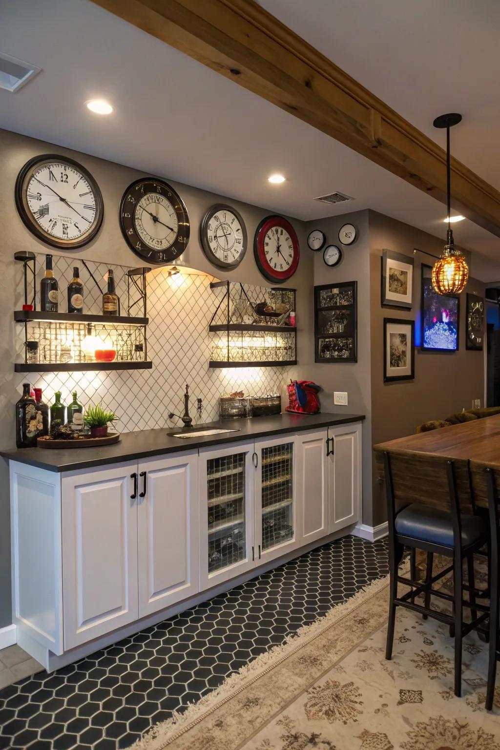 Clocks create a whimsical statement wall in this bar.