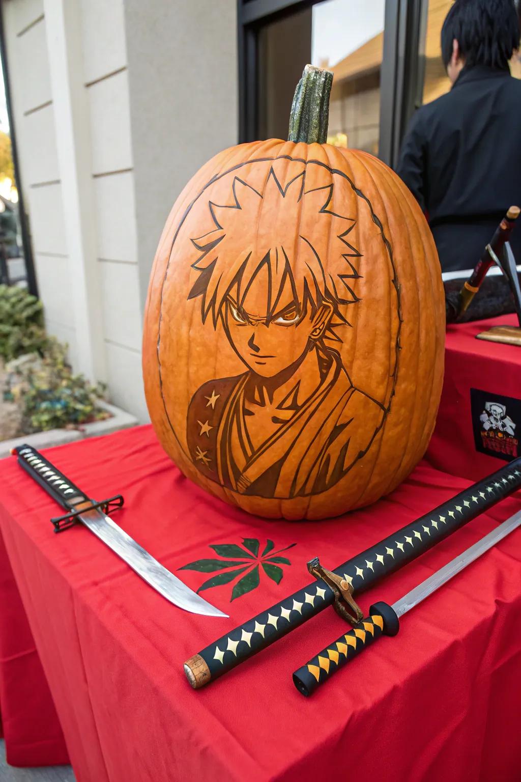 Honor your favorite anime hero with a carved pumpkin tribute.