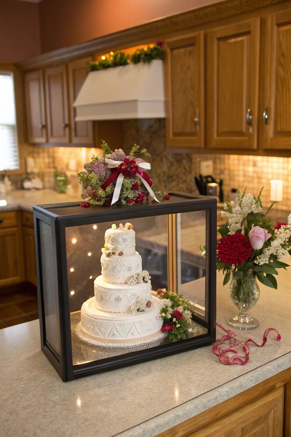 Celebrate your wedding day with a mini cake replica.