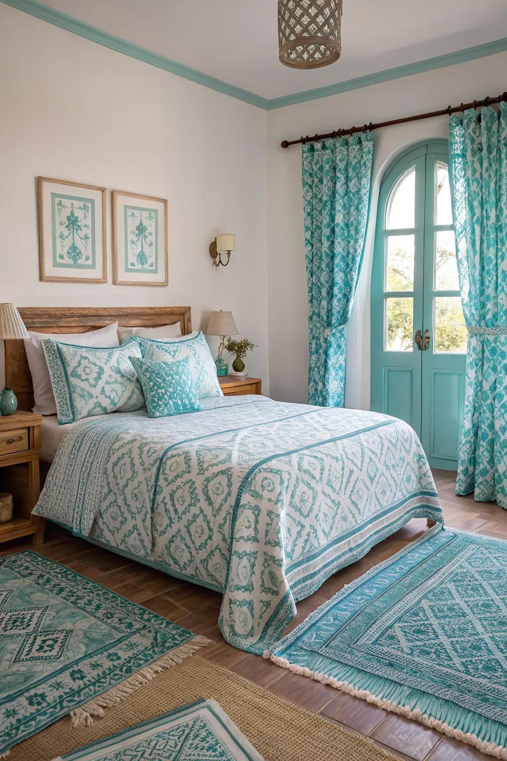 Eclectic patterns add visual interest to the bedroom.