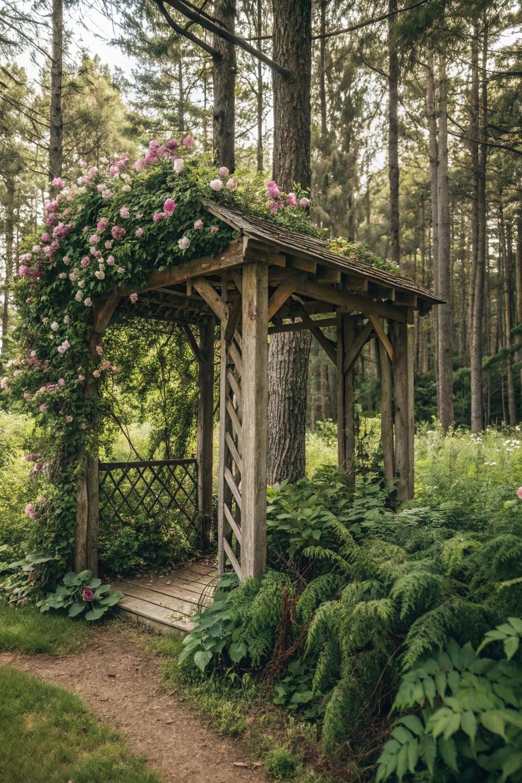 A fairy-tale inspired arbor in a whimsical garden setting.