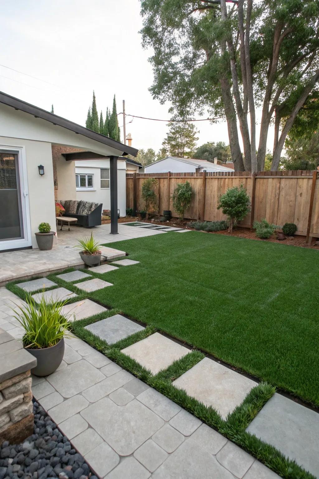 Achieve modern elegance with a combination of hardscapes and artificial grass.