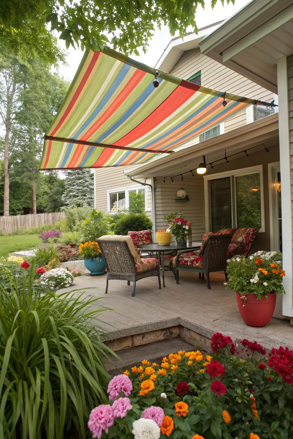 Add a splash of color with a vibrant fabric awning.