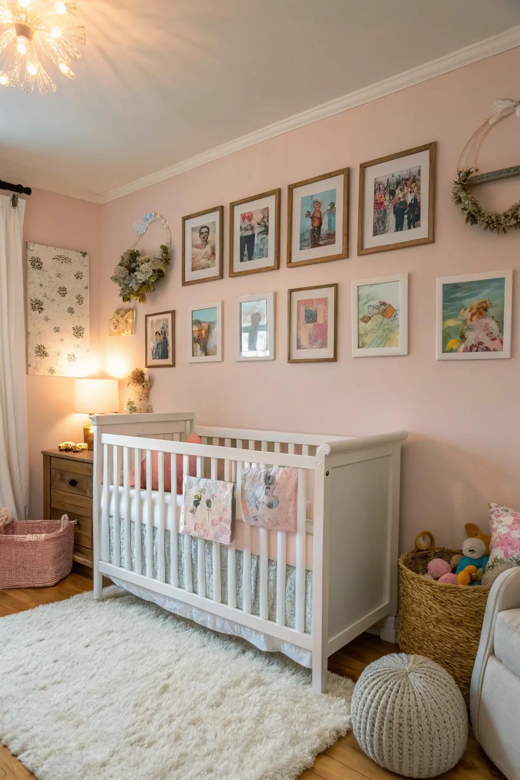 A gallery wall adds warmth and a personal touch to the baby corner.